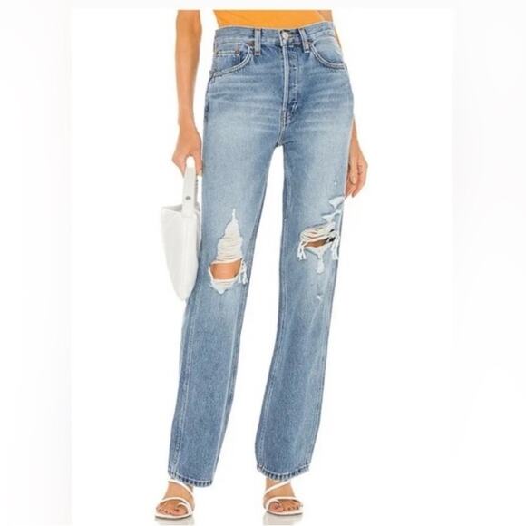 RE/DONE Destroyed 90s High Rise Loose Jeans in Destroyed Medium Blue 26 NWTs - Picture 1 of 16